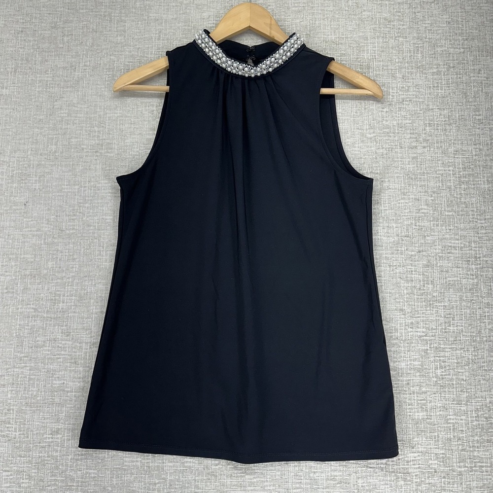 White‎ House Black Market Blouse Womens S Black Beaded High Neck Collar